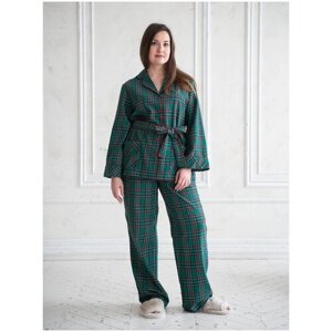 Пижама Pijama Story, брюки, рубашка, длинный рукав, утепленная, пояс, пояс на резинке, карманы, размер 52, зеленый
