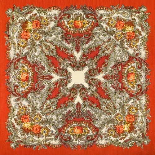 Платок Павловопосадская платочная мануфактура,125х125 см, оранжевый, бежевый