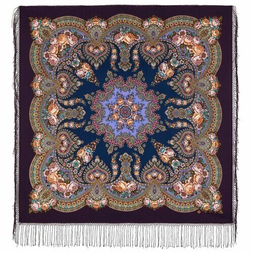 Платок Павловопосадская платочная мануфактура,135х135 см, фиолетовый, коралловый