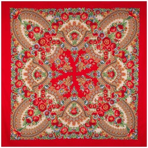 Платок Павловопосадская платочная мануфактура, 148х148 см, бежевый, красный