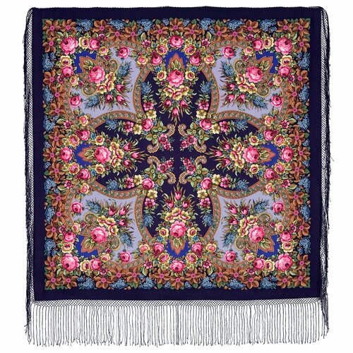 Платок Павловопосадская платочная мануфактура,148х148 см, синий, розовый