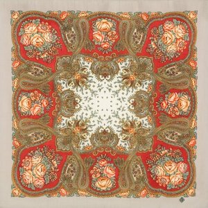 Платок Павловопосадская платочная мануфактура,89х89 см, серый, красный
