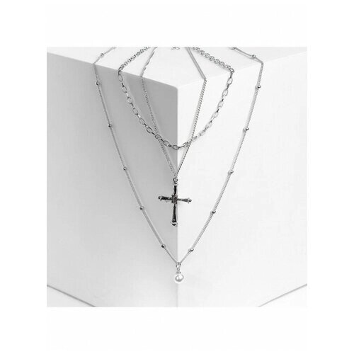 Queen fair Кулон "Цепь" крест с жемчугом, цвет белый в серебре, L=60 см