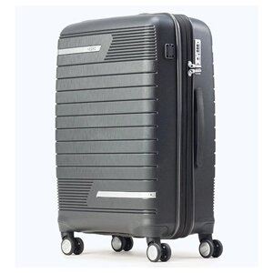 Умный чемодан NEEBO, поликарбонат, опорные ножки на боковой стенке, увеличение объема, встроенные весы, рифленая поверхность, 57.6 л, размер M, черный, серый