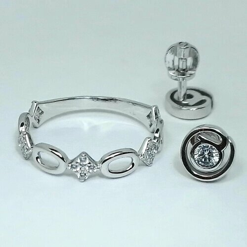 Ювелирный комплект : кольцо, серьги, серебро, 925 проба, родирование, фианит, размер кольца 17.5
