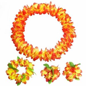 Гавайский набор Алоха пышно-оранжевый (лея, венок, 2 браслета), Гавайская вечеринка