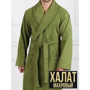 Халат , длинный рукав, карманы, банный халат, размер 52, зеленый