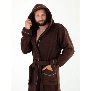 Халат Everliness, длинный рукав, банный халат, капюшон, пояс/ремень, карманы, размер 48, коричневый