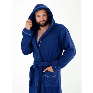 Халат Everliness, длинный рукав, банный халат, капюшон, пояс/ремень, карманы, размер 48, синий