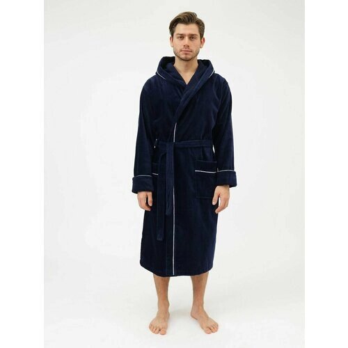 Халат Luisa Moretti, длинный рукав, банный халат, трикотажная, капюшон, размер L, синий