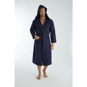 Халат Nusa, длинный рукав, карманы, банный халат, пояс/ремень, капюшон, размер М, синий