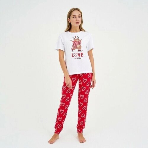 KAFTAN Пижама новогодняя женская (футболка и брюки) KAFTAN "Love", цвет белый/красный, размер 52-54