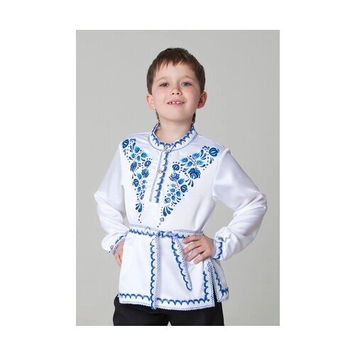 Карнавальная русская рубаха Страна Карнавалия "Синие цветы", атлас, цвет белый, размер 34, рост 140 см