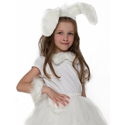 Карнавальные аксессуары "Зайка", детский праздничный карнавальный костюм для девочки (уши, бант, нарукавники), р-р 52, цвет белый