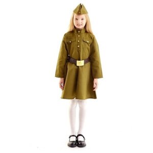 Карнавальный костюм для девочки, военное платье, пилотка, ремень, 8-10 лет, рост 140-152 см