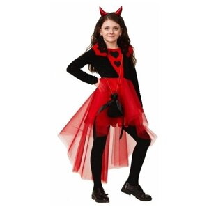 Карнавальный костюм "Дьяволица", платье, ободок с рожками, сумочка, р. 34, рост 134 см