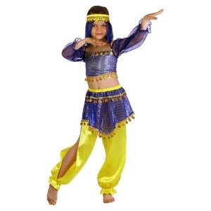 Карнавальный костюм "Восточная красавица. Шахерезада", топ с рукавами, штаны, повязка, цвет сине-жёл