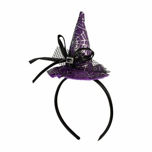 Карнавальный ободок на хеллоуин "Мини шляпа ведьмы" фиолетовый / Колпак ведьмы с серебряной паутинкой 1 шт.