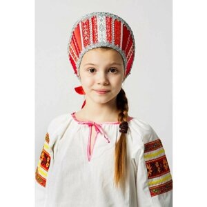 Кокошник русский народный традиционный "Марья", красный с серебром