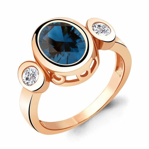 Кольцо Diamant online, серебро, 925 проба, золочение, фианит, топаз, размер 20, темно-синий