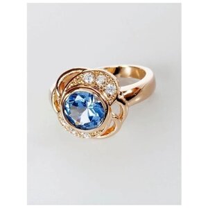 Кольцо Lotus Jewelry, бижутерный сплав, золочение, фианит, размер 16, голубой