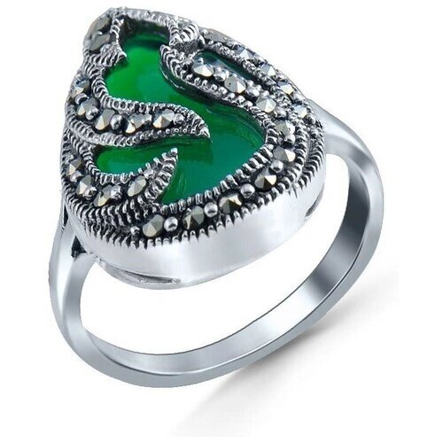 Кольцо Silver WINGS серебро, 925 проба, агат, марказит, размер 17.5, зеленый