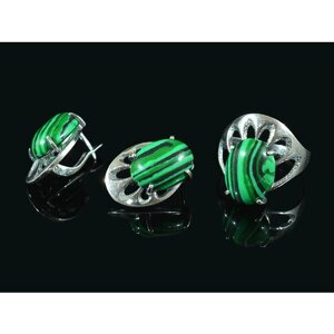Комплект бижутерии : колье, серьги, мельхиор, малахит синтетический, размер кольца 21, зеленый