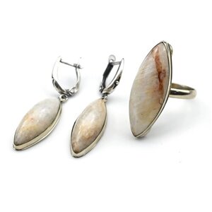 Комплект бижутерии Радуга Камня: кольцо, серьги, беломорит, лунный камень, размер кольца 19, мультиколор