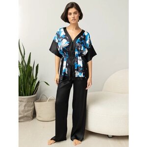 Комплект Mia-Mella, блуза, брюки, короткий рукав, карманы, размер 56, черный, голубой