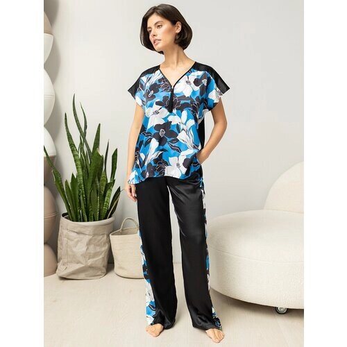 Комплект Mia-Mella, футболка, брюки, короткий рукав, размер 44, черный, голубой