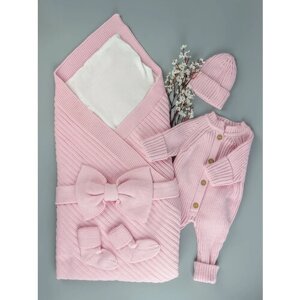 Комплект одежды детский, комбинезон и носки и бант и шапка и плед, нарядный стиль, размер 1-3 мес, розовый
