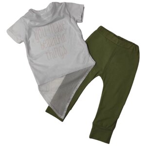 Комплект одежды детский, легинсы и футболка, повседневный стиль, размер 92, хаки, белый