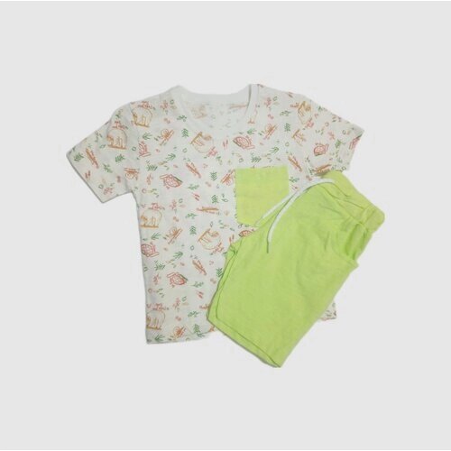Комплект одежды для девочек, футболка и шорты, повседневный стиль, пояс на резинке, карманы, трикотажный, размер 92, зеленый, белый