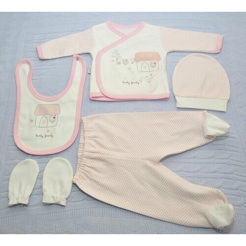 Комплект одежды для девочек, ползунки и рукавицы и распашонка и шапка и нагрудник, нарядный стиль, размер 46, розовый