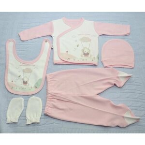 Комплект одежды , ползунки и рукавицы и распашонка и нагрудник и шапка, нарядный стиль, размер 46, розовый