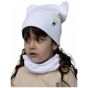 Комплект шапка и снуд для девочки и мальчика, шапка детская бини и снуд, весна и осень, демисезонный из хлопка кашкорсе, размер 44-47, белый
