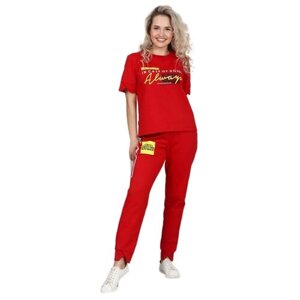 Костюм Elena Tex, футболка и брюки, повседневный стиль, свободный силуэт, пояс на резинке, трикотажный, карманы, размер 58, красный