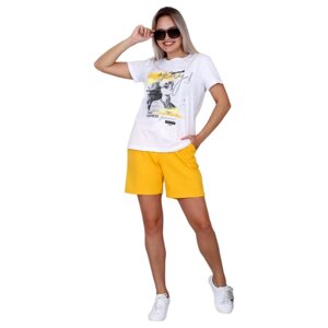 Костюм Elena Tex, футболка и шорты, повседневный стиль, свободный силуэт, карманы, пояс на резинке, размер 52, желтый, белый