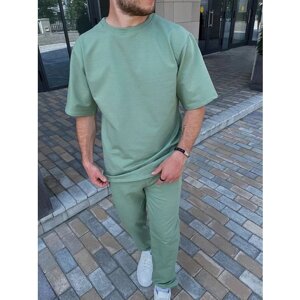 Костюм , футболка и брюки, повседневный стиль, свободный силуэт, карманы, размер 50, зеленый