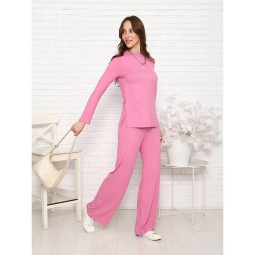 Костюм Промдизайн, туника и брюки, повседневный стиль, полуприлегающий силуэт, пояс на резинке, трикотажный, стрейч, размер 48, розовый
