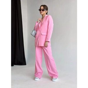 Костюм, жакет и брюки, классический стиль, прямой силуэт, пояс на резинке, размер 42, розовый