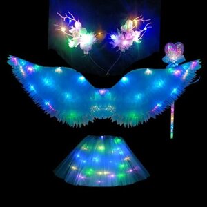 "Крылья Ангела"набор светящихся украшений на спину, крылья, юбка, ободок и волшебная палочка. Голубой