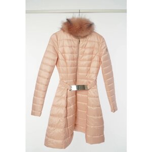 Куртка LIU JO демисезонная, средней длины, силуэт трапеция, стеганая, без капюшона, съемный мех, пояс на резинке, ультралегкая, размер 42, розовый
