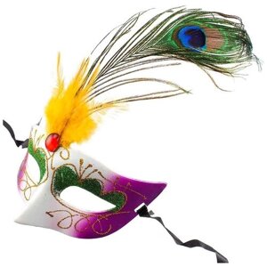 Маска карнавальная венецианская с павлиньим пером 300 х 168 мм белая/фиолетовая / Маска маскарадная на праздник 1 шт.