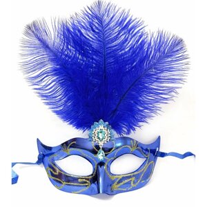 Маска карнавальная венецианская синяя с перьями / Маска маскарадная для лица