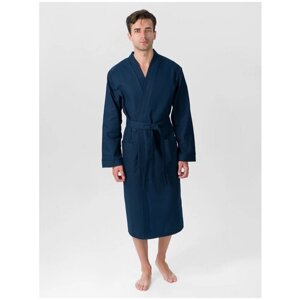 Мужской вафельный халат с планкой, темно-синий. Размер: 46-48