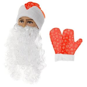Набор "Деда Мороза" шапка красная со снежинками, борода, варежки, обхват головы 54-58 2799712