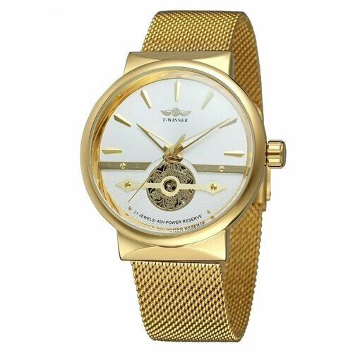 Наручные часы Часы наручные T-Winner 21 камень мужские автоматические, золотистые аналоговые механические с сетчатым стальным браслетом, с автоподзаводом, белый, золотой
