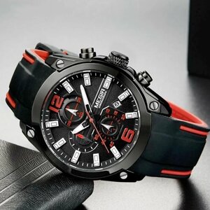 Наручные часы Megir Кварцевые мужские спортивные часы Megir 2063GRE водонепроницаемые с хронографом, черный, красный