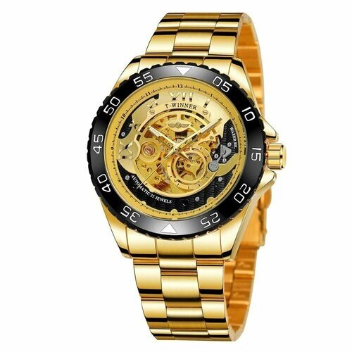 Наручные часы Новые роскошные мужские часы T-Winner водонепроницаемые наручные часы из нержавеющей стали, черный, золотой